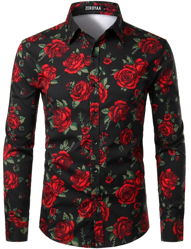 ZEROYAA Mens Fashion Urban Design Polyester Slim Fit Long Sleeve Rose Printed Button Up Dress Shirts ZLCL21-Black Medium - Image 1